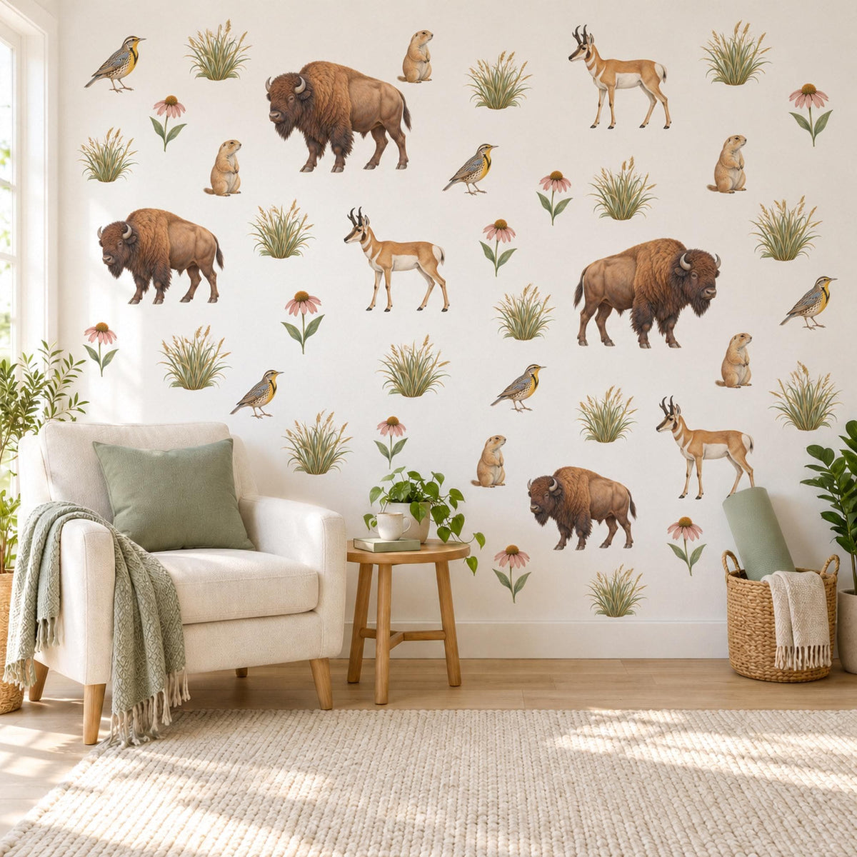 Prairie Animal Wall Stickers, Bison Antelope Nursery Decor, Wildlife Wall Decals, Kids Room Brown Tan Sage Western Peel and Stick Wall Art