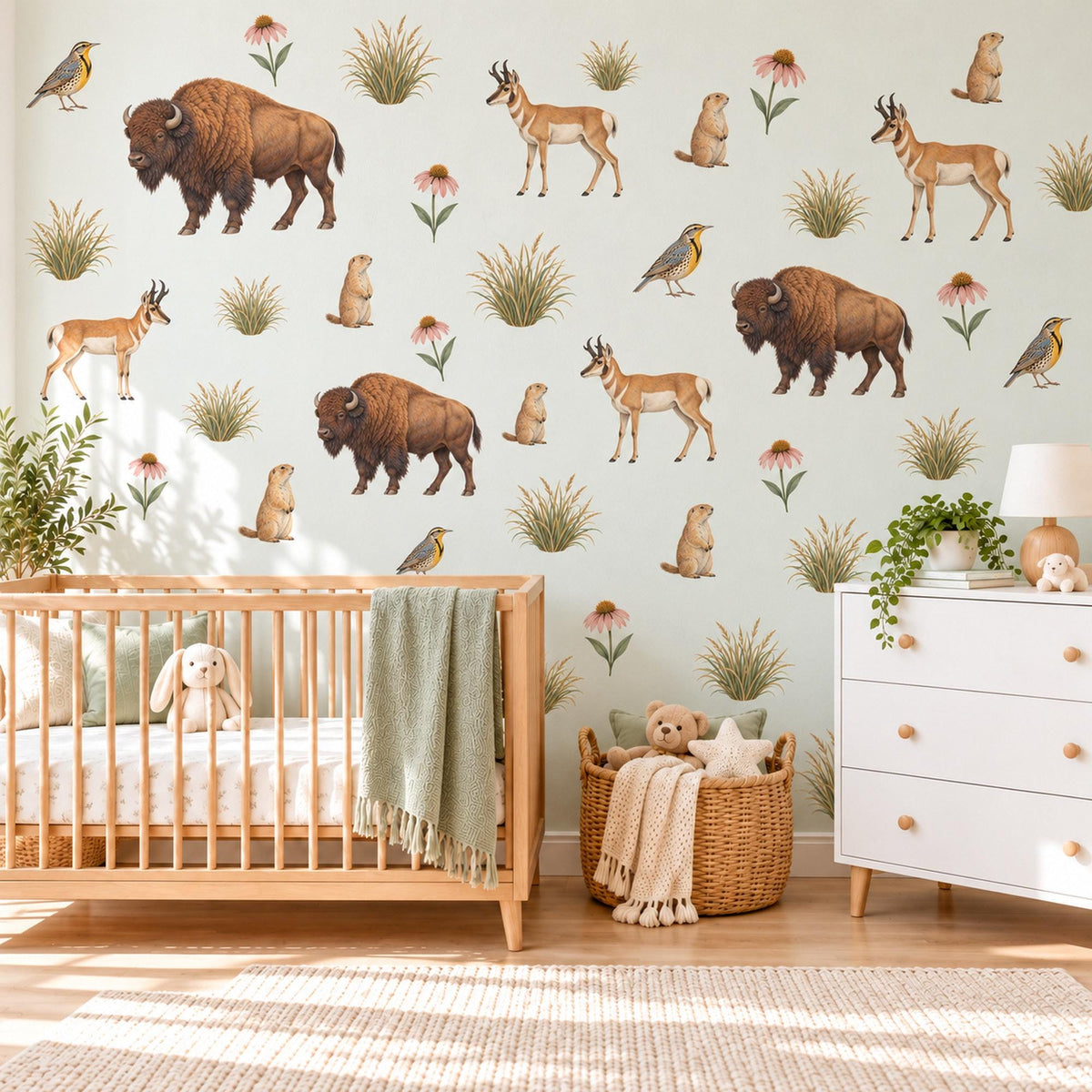 Prairie Animal Wall Stickers, Bison Antelope Nursery Decor, Wildlife Wall Decals, Kids Room Brown Tan Sage Western Peel and Stick Wall Art