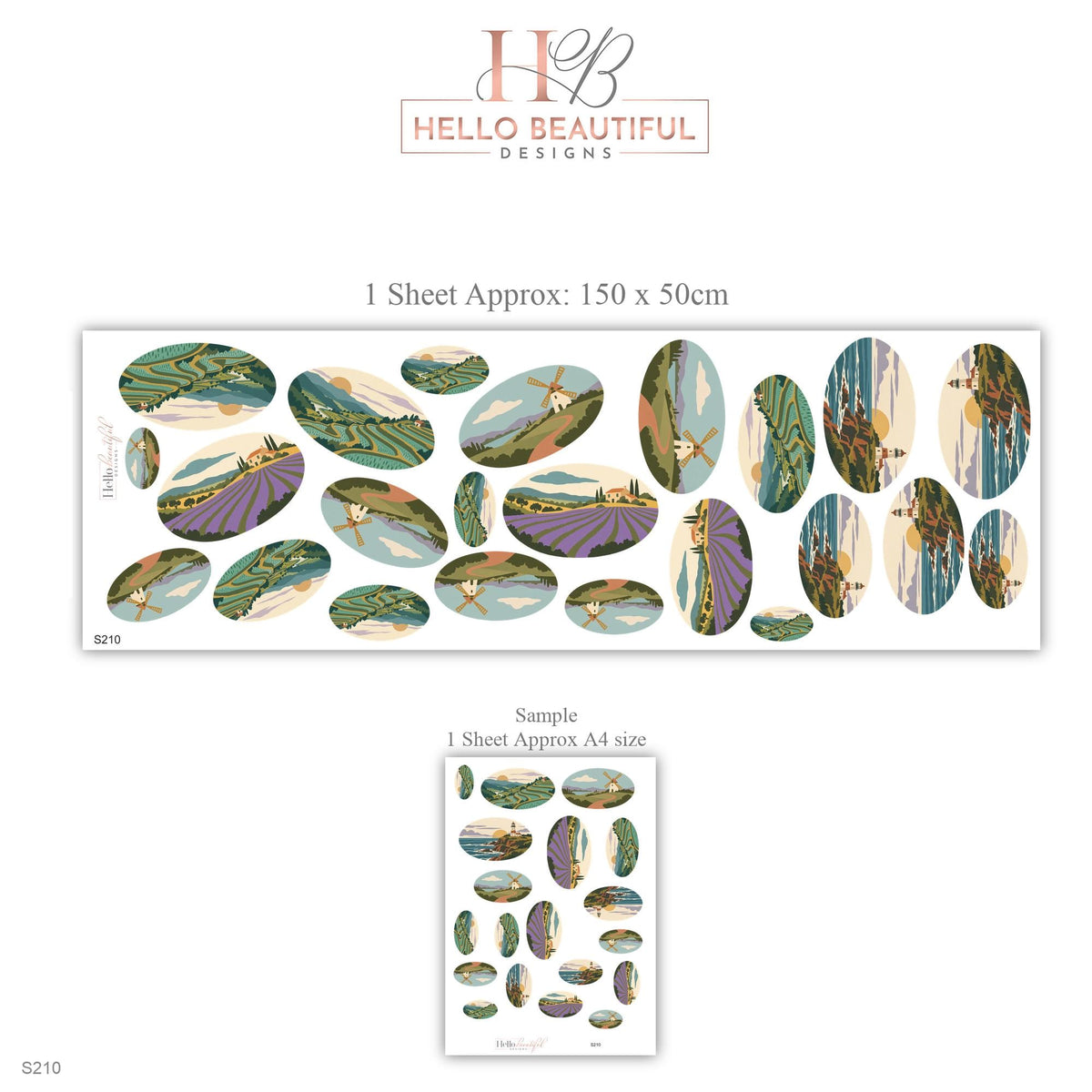 Landscape Wall Stickers, Countryside Oval Scene Decor, Lavender Field Wall Decals, Living Room Sage Purple Blue Vintage Peel and Stick Art