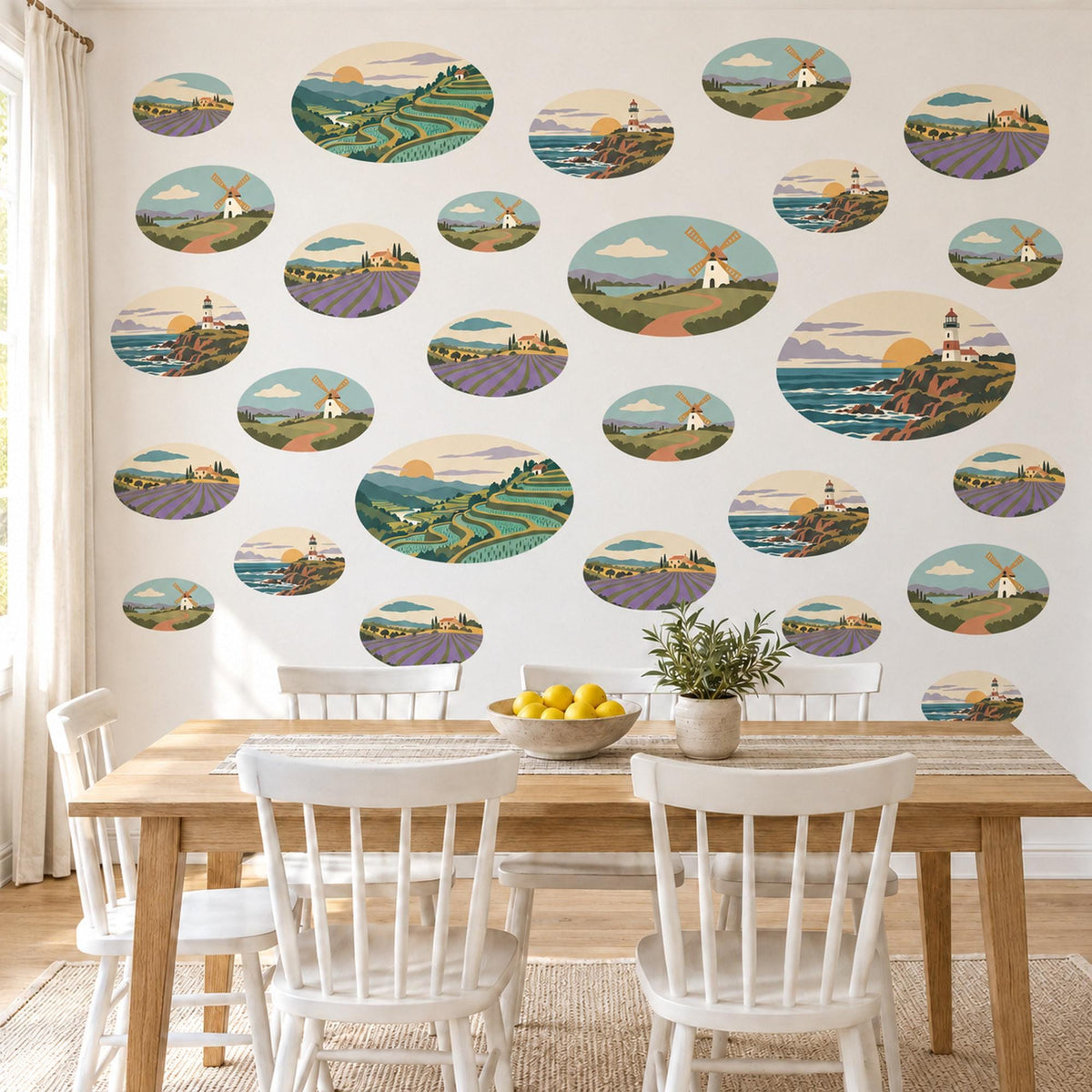 Landscape Wall Stickers, Countryside Oval Scene Decor, Lavender Field Wall Decals, Living Room Sage Purple Blue Vintage Peel and Stick Art