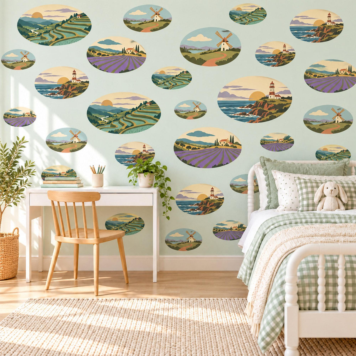 Landscape Wall Stickers, Countryside Oval Scene Decor, Lavender Field Wall Decals, Living Room Sage Purple Blue Vintage Peel and Stick Art