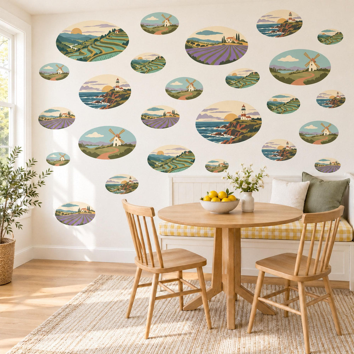 Landscape Wall Stickers, Countryside Oval Scene Decor, Lavender Field Wall Decals, Living Room Sage Purple Blue Vintage Peel and Stick Art