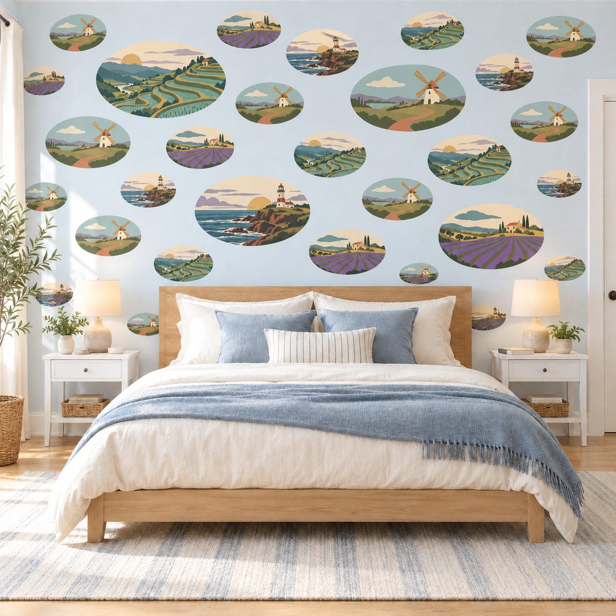 Landscape Wall Stickers, Countryside Oval Scene Decor, Lavender Field Wall Decals, Living Room Sage Purple Blue Vintage Peel and Stick Art