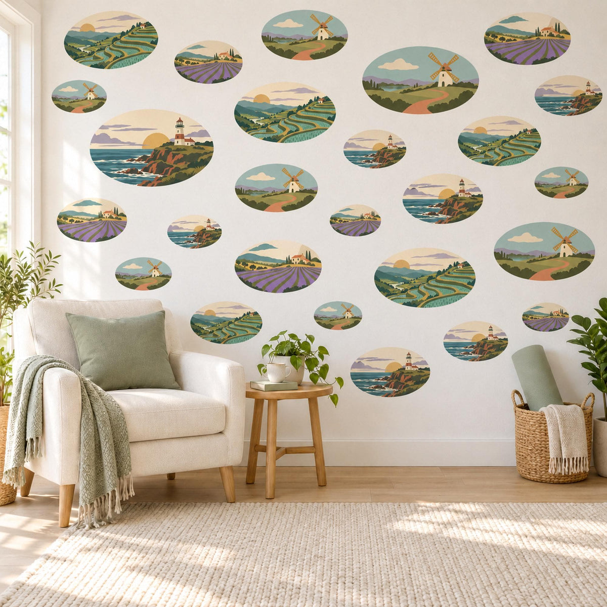 Landscape Wall Stickers, Countryside Oval Scene Decor, Lavender Field Wall Decals, Living Room Sage Purple Blue Vintage Peel and Stick Art