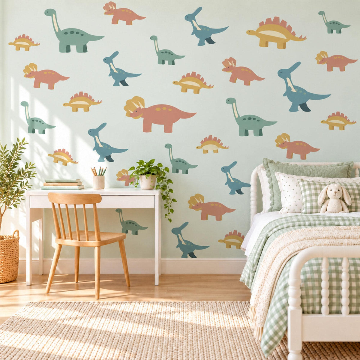 Dinosaur Wall Stickers, Cute Dino Nursery Decor, Kids Dinosaur Wall Decals, Boys Room Sage Teal Terracotta Mustard Peel and Stick Wall Art