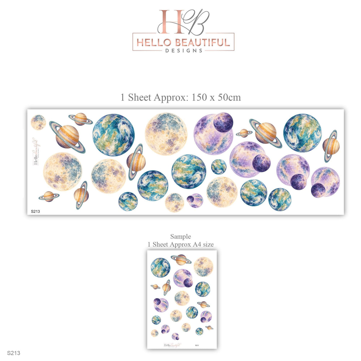 Planet Wall Stickers, Watercolour Space Nursery Decor, Solar System Wall Decals, Kids Room Blue Purple Gold Saturn Peel and Stick Wall Art