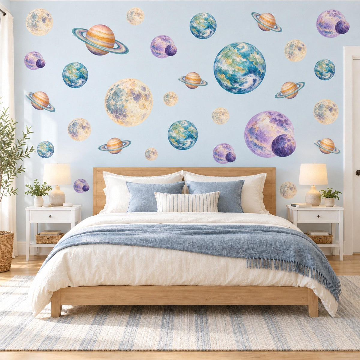 Planet Wall Stickers, Watercolour Space Nursery Decor, Solar System Wall Decals, Kids Room Blue Purple Gold Saturn Peel and Stick Wall Art