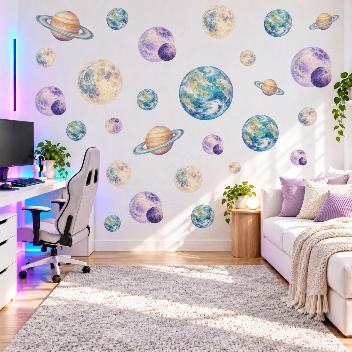 Planet Wall Stickers, Watercolour Space Nursery Decor, Solar System Wall Decals, Kids Room Blue Purple Gold Saturn Peel and Stick Wall Art