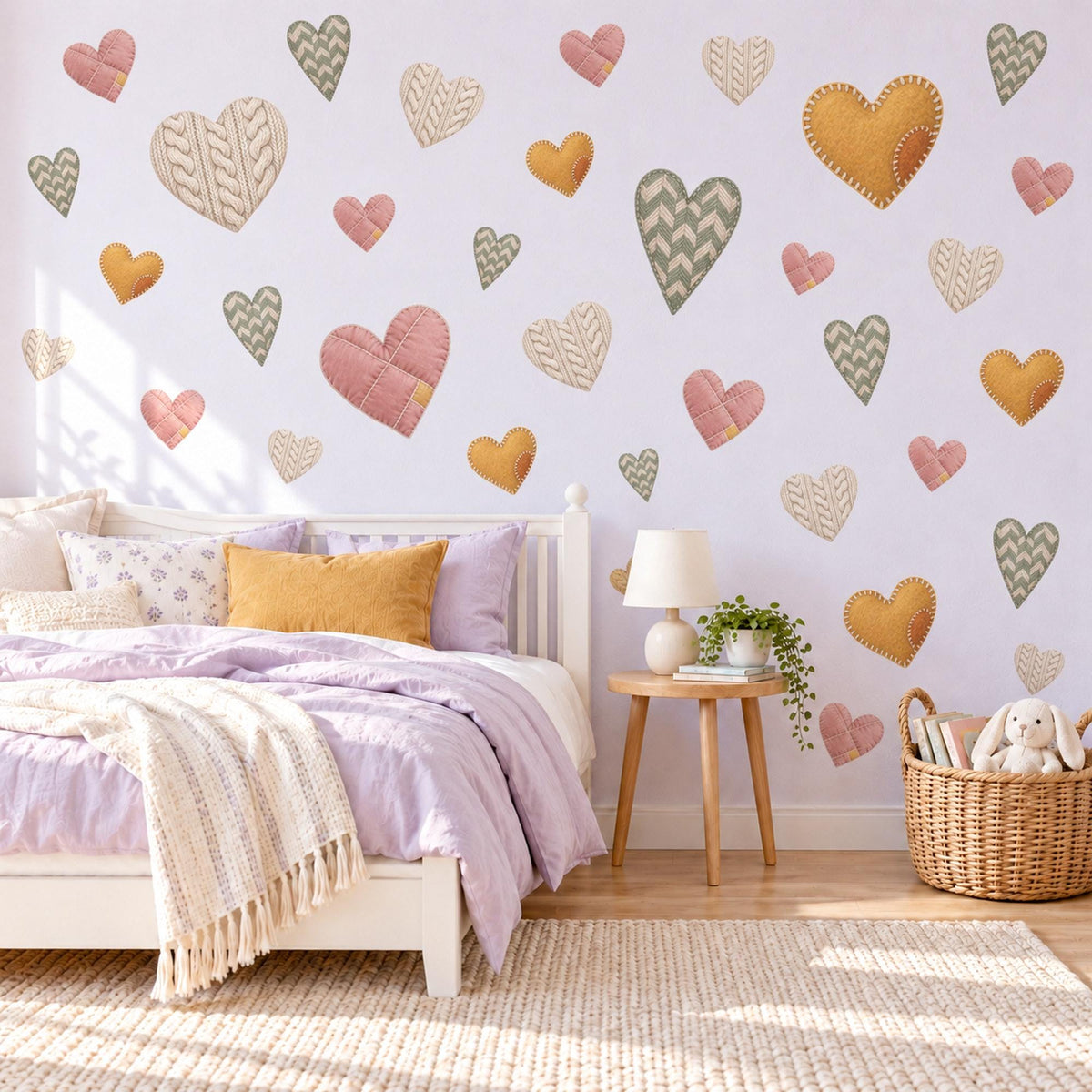 Heart Wall Stickers, Cosy Knitted Heart Nursery Decor, Boho Heart Wall Decals, Girls Room Rose Mustard Sage Cream Peel and Stick Wall Art