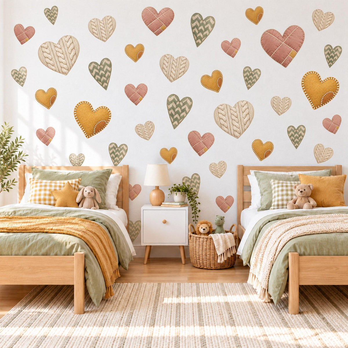 Heart Wall Stickers, Cosy Knitted Heart Nursery Decor, Boho Heart Wall Decals, Girls Room Rose Mustard Sage Cream Peel and Stick Wall Art