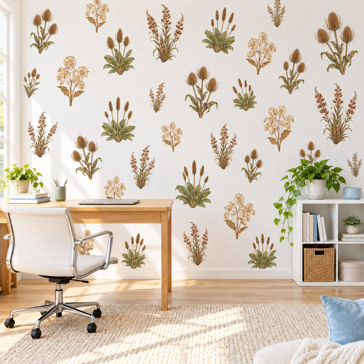 Dried Flower Wall Stickers, Boho Botanical Decor, Thistle Honesty Wall Decals, Living Room Nursery Brown Sage Neutral Peel and Stick Art