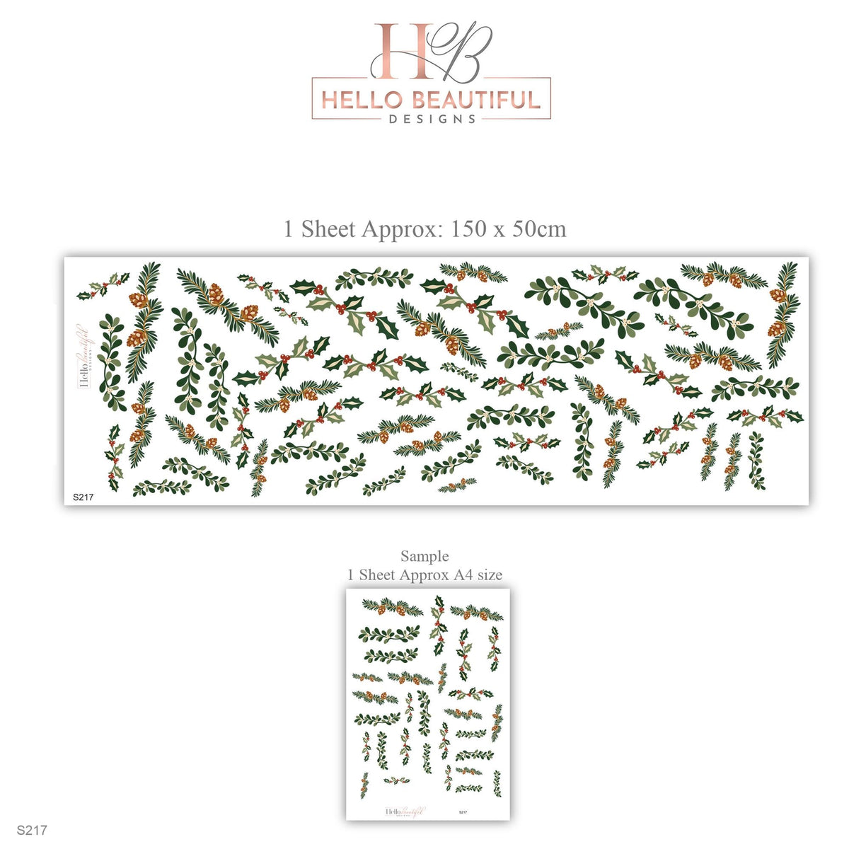 Christmas Wall Stickers, Holly Pine Greenery Decor, Winter Botanical Wall Decals, Festive Living Room Green Red Pinecone Peel and Stick Art