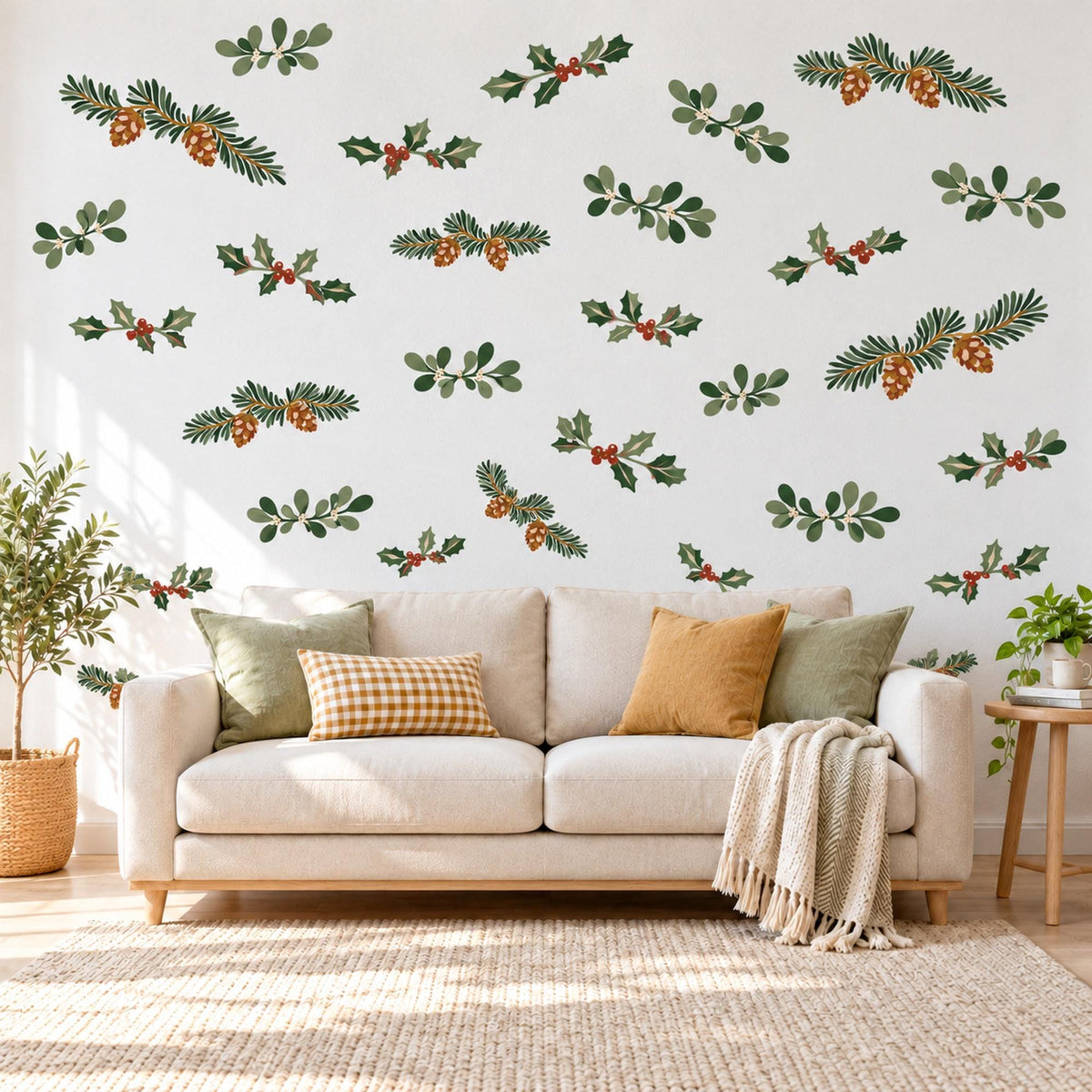 Christmas Wall Stickers, Holly Pine Greenery Decor, Winter Botanical Wall Decals, Festive Living Room Green Red Pinecone Peel and Stick Art