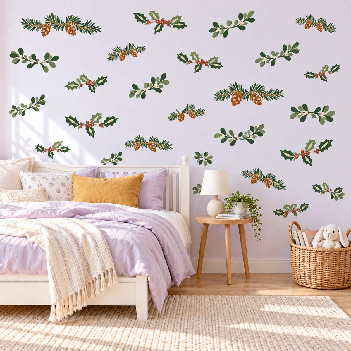 Christmas Wall Stickers, Holly Pine Greenery Decor, Winter Botanical Wall Decals, Festive Living Room Green Red Pinecone Peel and Stick Art