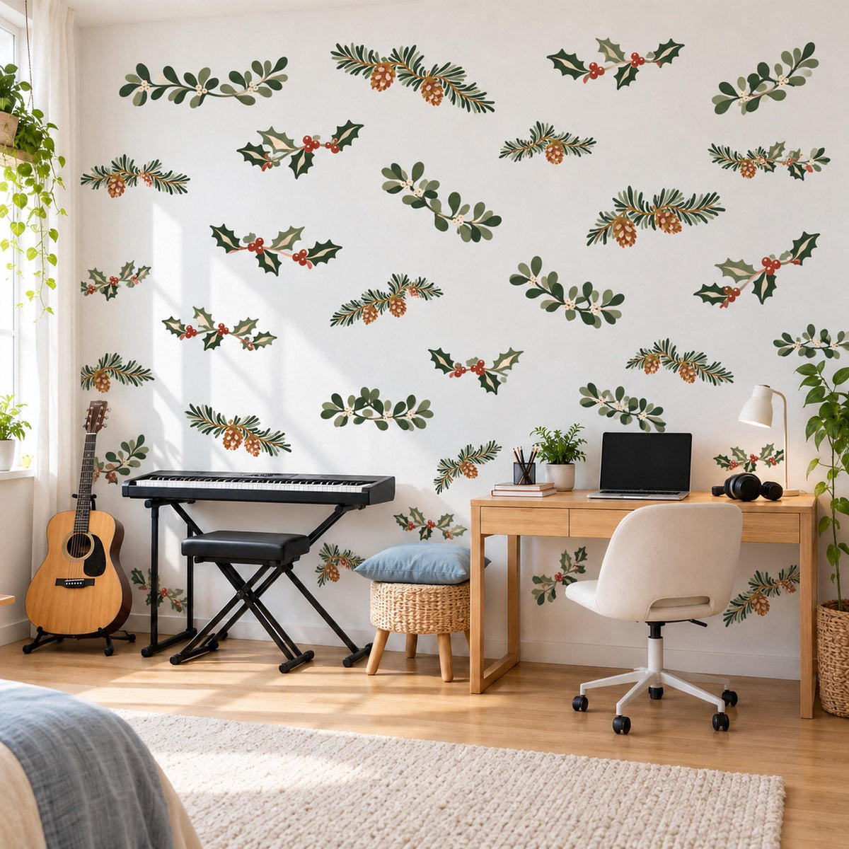 Christmas Wall Stickers, Holly Pine Greenery Decor, Winter Botanical Wall Decals, Festive Living Room Green Red Pinecone Peel and Stick Art