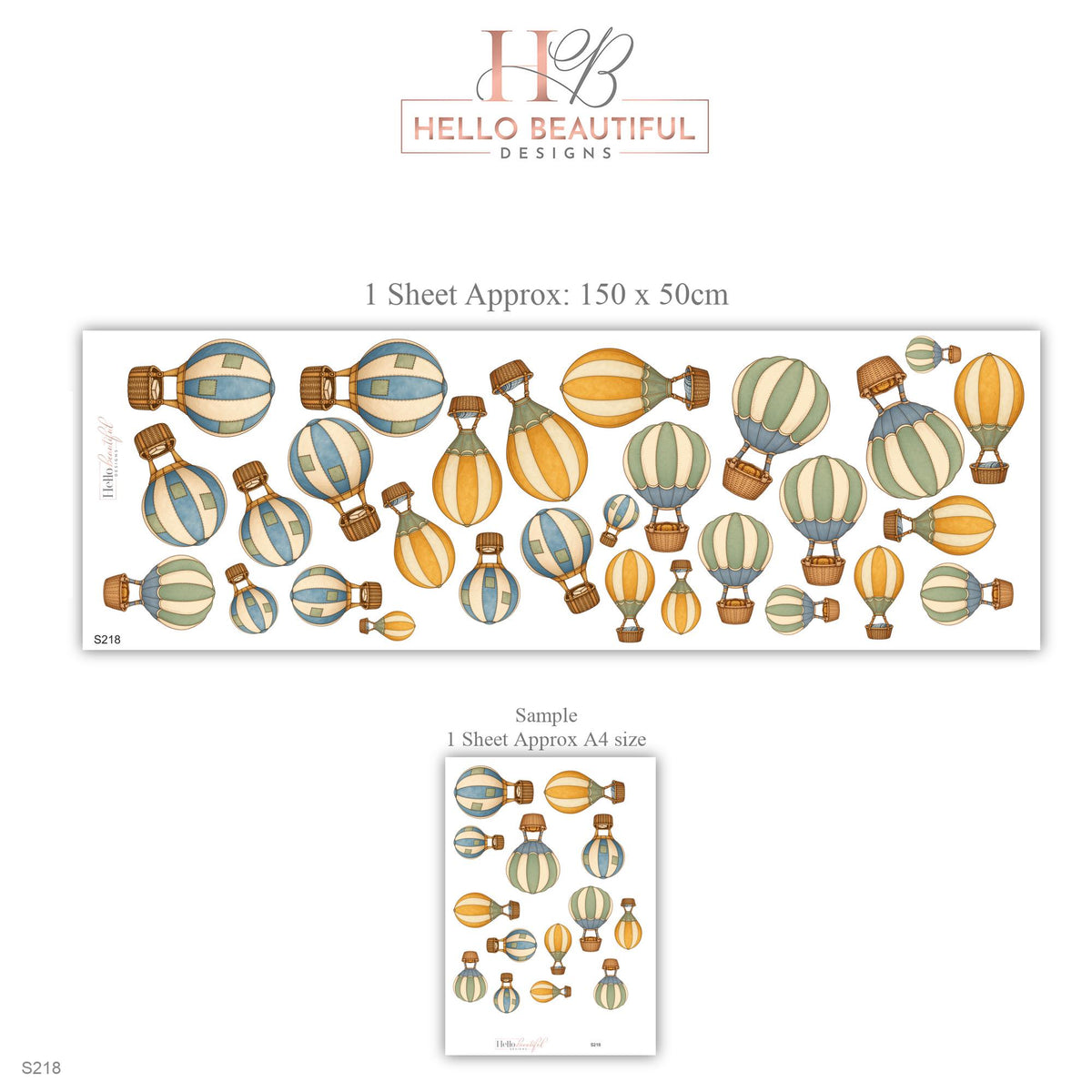 Hot Air Balloon Wall Stickers, Pastel Balloon Nursery Decor, Vintage Balloon Wall Decals, Kids Room Blue Mustard Sage Peel and Stick Art