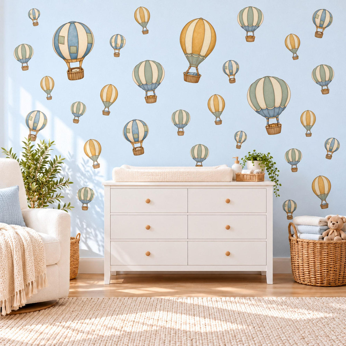 Hot Air Balloon Wall Stickers, Pastel Balloon Nursery Decor, Vintage Balloon Wall Decals, Kids Room Blue Mustard Sage Peel and Stick Art