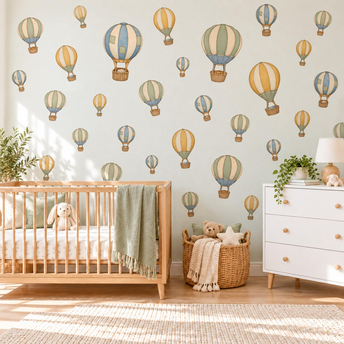 Hot Air Balloon Wall Stickers, Pastel Balloon Nursery Decor, Vintage Balloon Wall Decals, Kids Room Blue Mustard Sage Peel and Stick Art