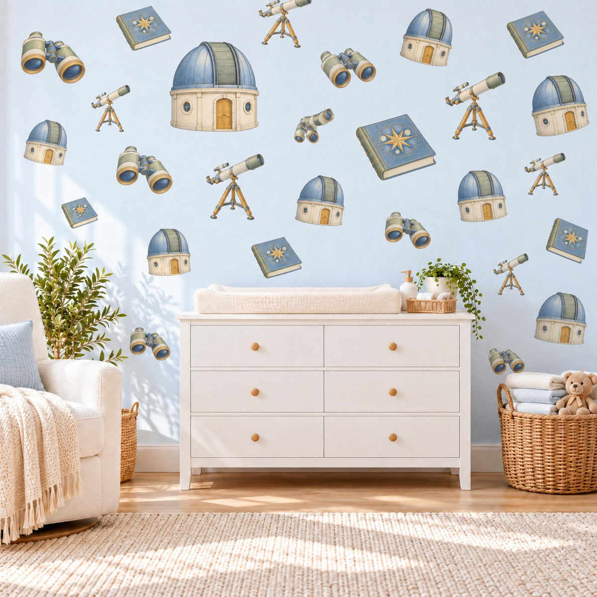 Astronomy Wall Stickers, Stargazer Telescope Decor, Observatory Wall Decals, Boys Kids Room Blue Cream Sage Space Peel and Stick Wall Art