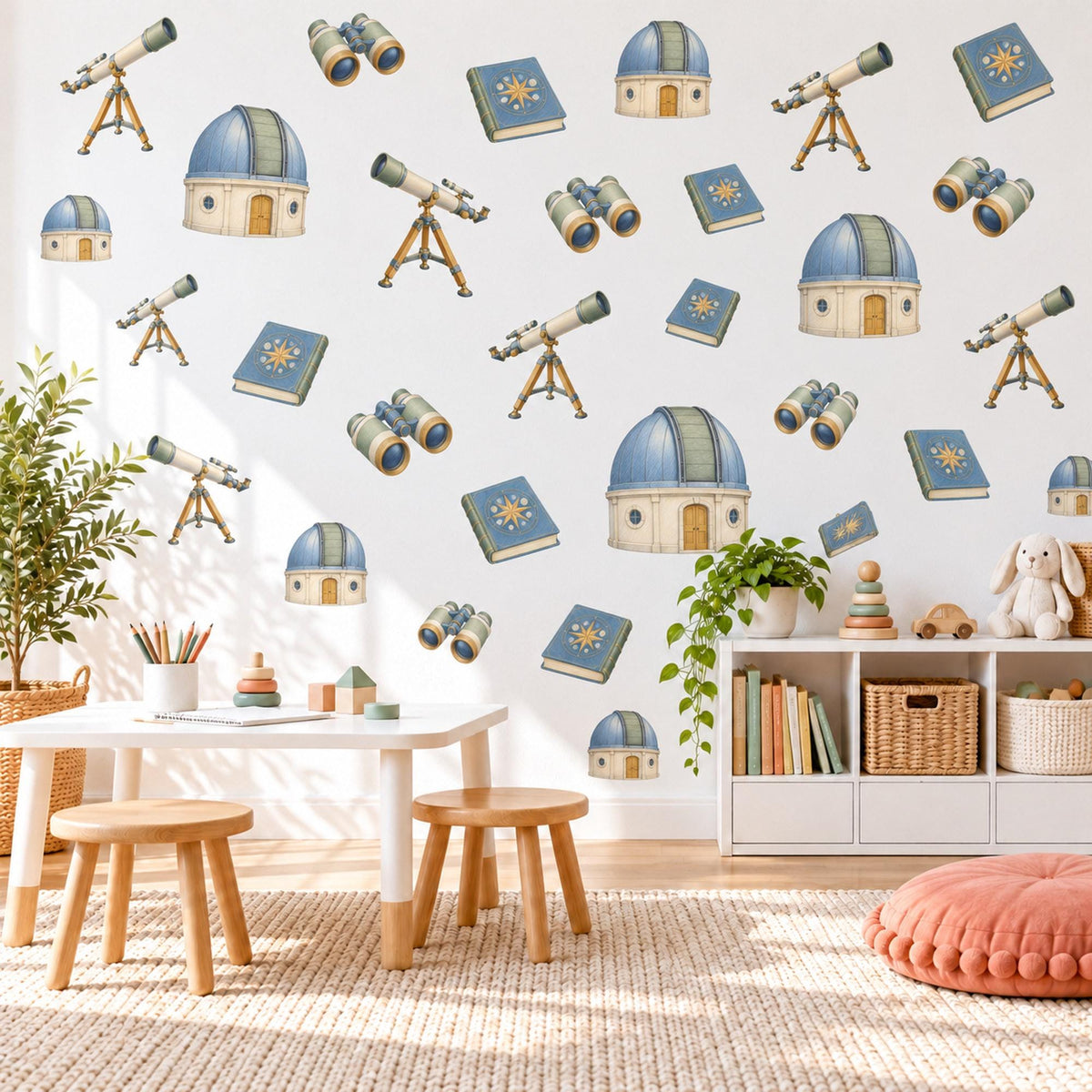 Astronomy Wall Stickers, Stargazer Telescope Decor, Observatory Wall Decals, Boys Kids Room Blue Cream Sage Space Peel and Stick Wall Art