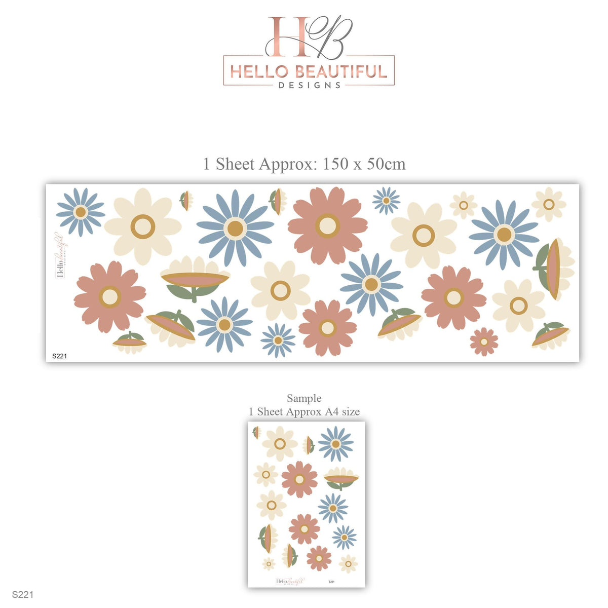 Daisy Wall Stickers, Retro Flower Nursery Decor, Boho Daisy Wall Decals, Girls Room Dusty Blue Terracotta Cream Peel and Stick Wall Art