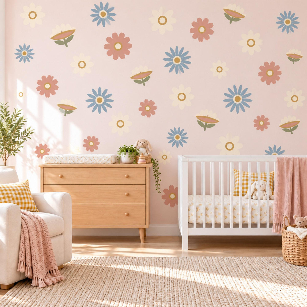 Daisy Wall Stickers, Retro Flower Nursery Decor, Boho Daisy Wall Decals, Girls Room Dusty Blue Terracotta Cream Peel and Stick Wall Art