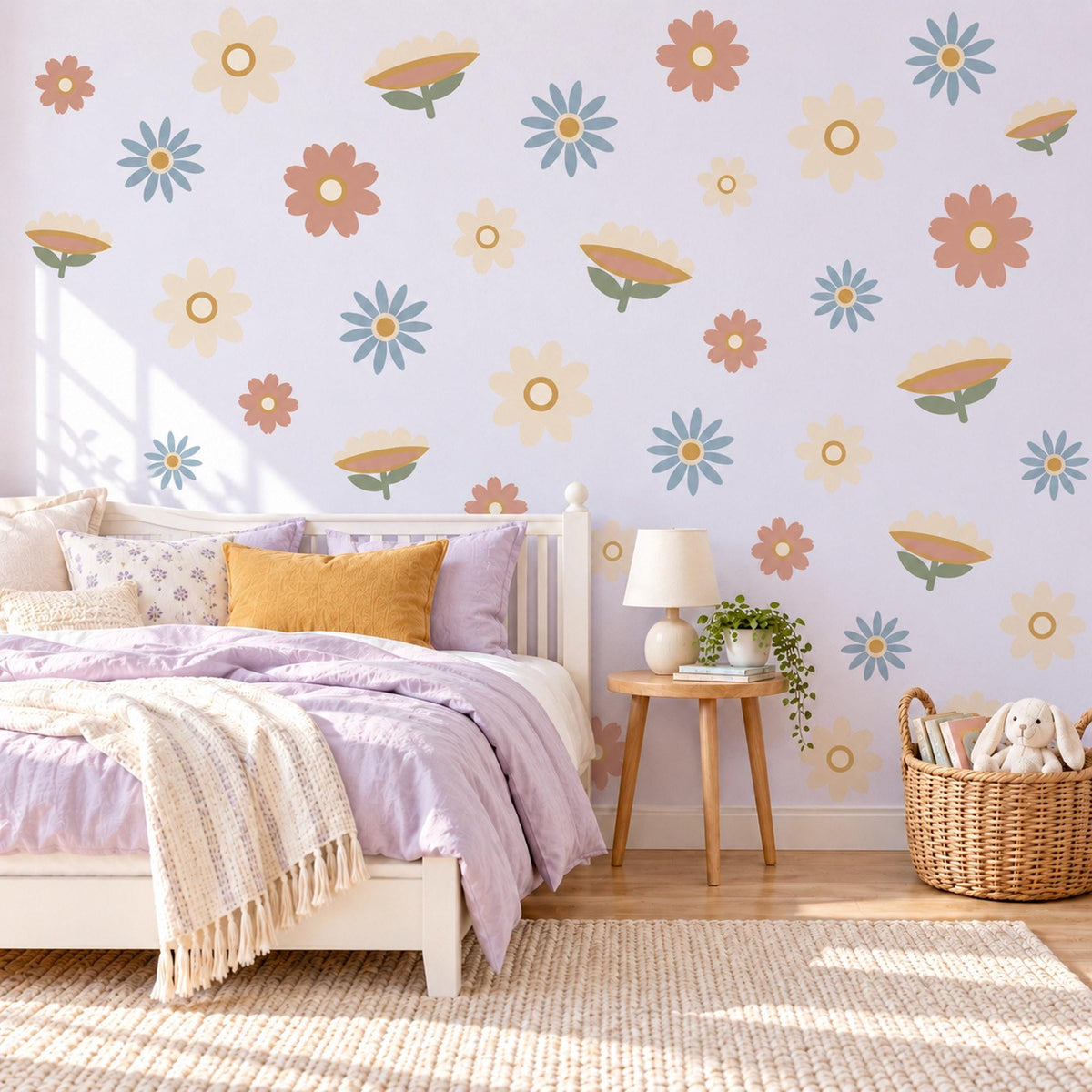 Daisy Wall Stickers, Retro Flower Nursery Decor, Boho Daisy Wall Decals, Girls Room Dusty Blue Terracotta Cream Peel and Stick Wall Art