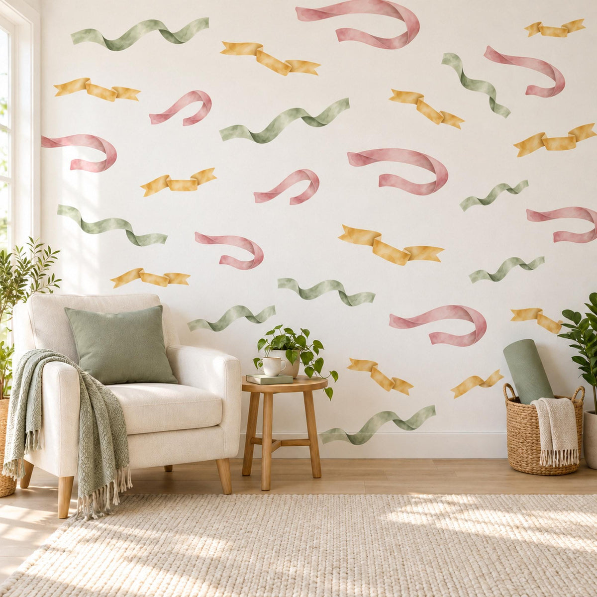 Ribbon Wall Stickers, Curly Ribbon Streamer Decor, Party Ribbon Wall Decals, Girls Nursery Blush Pink Mustard Sage Peel and Stick Wall Art