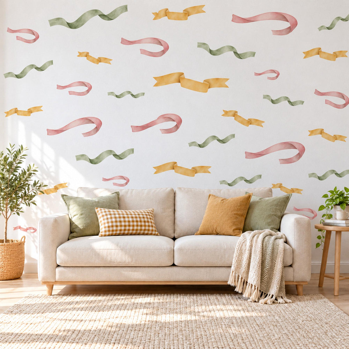 Ribbon Wall Stickers, Curly Ribbon Streamer Decor, Party Ribbon Wall Decals, Girls Nursery Blush Pink Mustard Sage Peel and Stick Wall Art