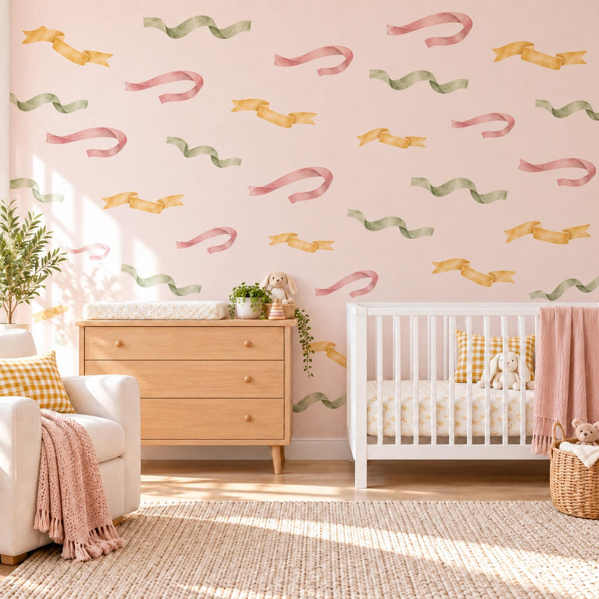 Ribbon Wall Stickers, Curly Ribbon Streamer Decor, Party Ribbon Wall Decals, Girls Nursery Blush Pink Mustard Sage Peel and Stick Wall Art