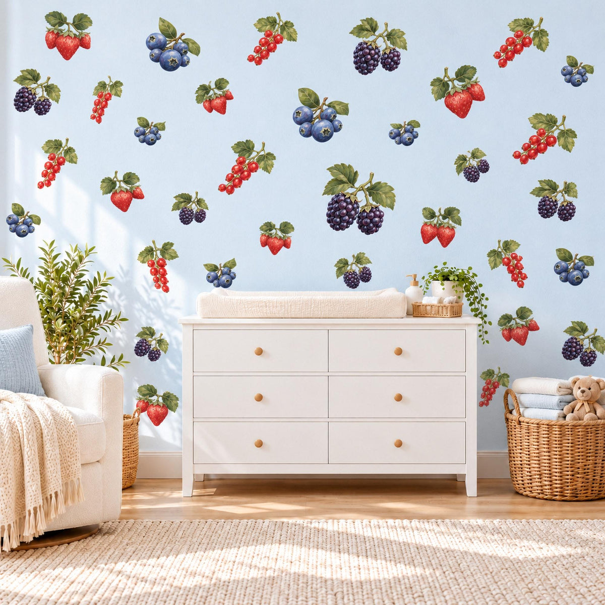 Berry Wall Stickers, Strawberry Blueberry Kitchen Decor, Fruit Wall Decals, Kids Room Nursery Red Blue Green Botanical Peel and Stick Art