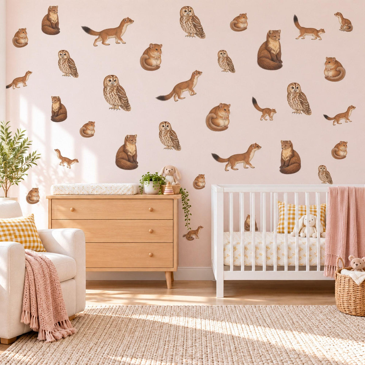 Woodland Animal Wall Stickers, Owl Pine Marten Nursery Decor, Forest Animal Wall Decals, Kids Room Brown Caramel Cream Peel and Stick Art