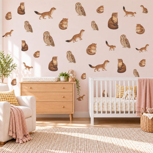 Woodland Animal Wall Stickers, Owl Pine Marten Nursery Decor, Forest Animal Wall Decals, Kids Room Brown Caramel Cream Peel and Stick Art