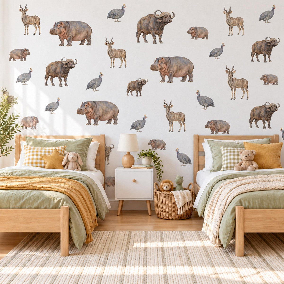 Safari Animal Wall Stickers, Hippo Buffalo Nursery Decor, African Animal Wall Decals, Kids Room Grey Brown Neutral Peel and Stick Wall Art