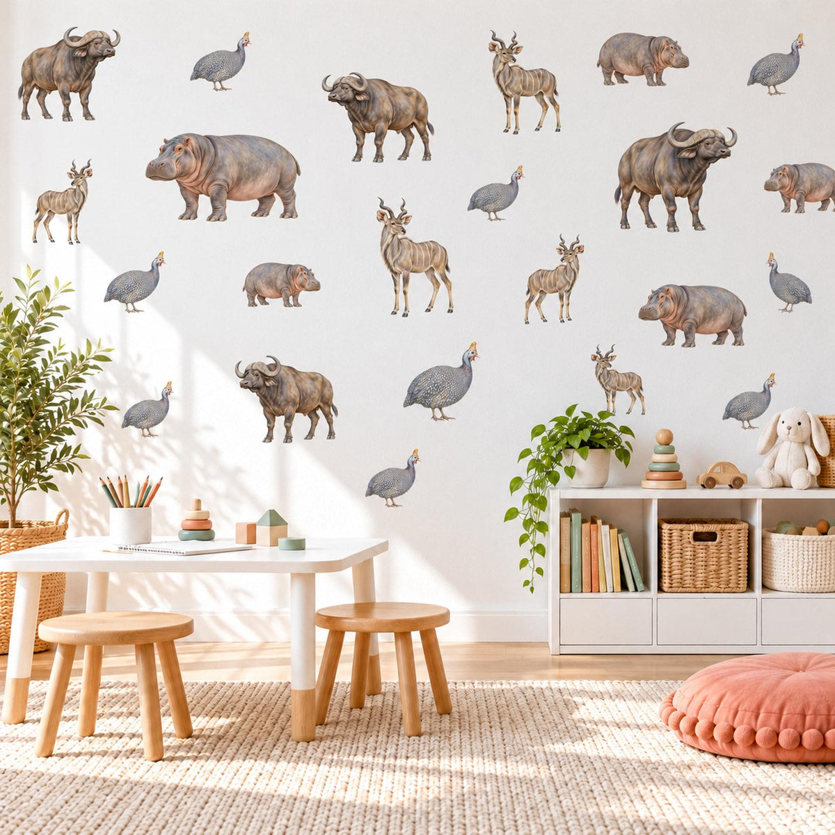 Safari Animal Wall Stickers, Hippo Buffalo Nursery Decor, African Animal Wall Decals, Kids Room Grey Brown Neutral Peel and Stick Wall Art