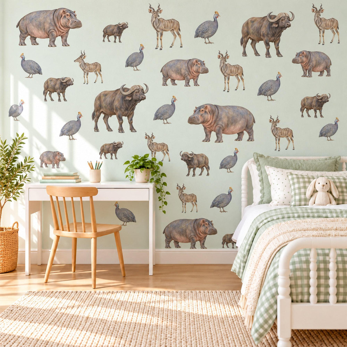 Safari Animal Wall Stickers, Hippo Buffalo Nursery Decor, African Animal Wall Decals, Kids Room Grey Brown Neutral Peel and Stick Wall Art