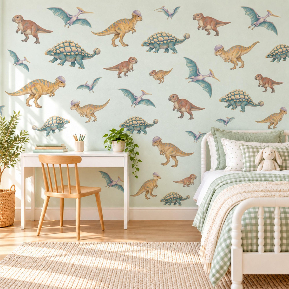 Dinosaur Wall Stickers, Teal Ochre Dino Boys Room Decor, Pterodactyl Wall Decals, Kids Bedroom Rust Green Jurassic Peel and Stick Wall Art