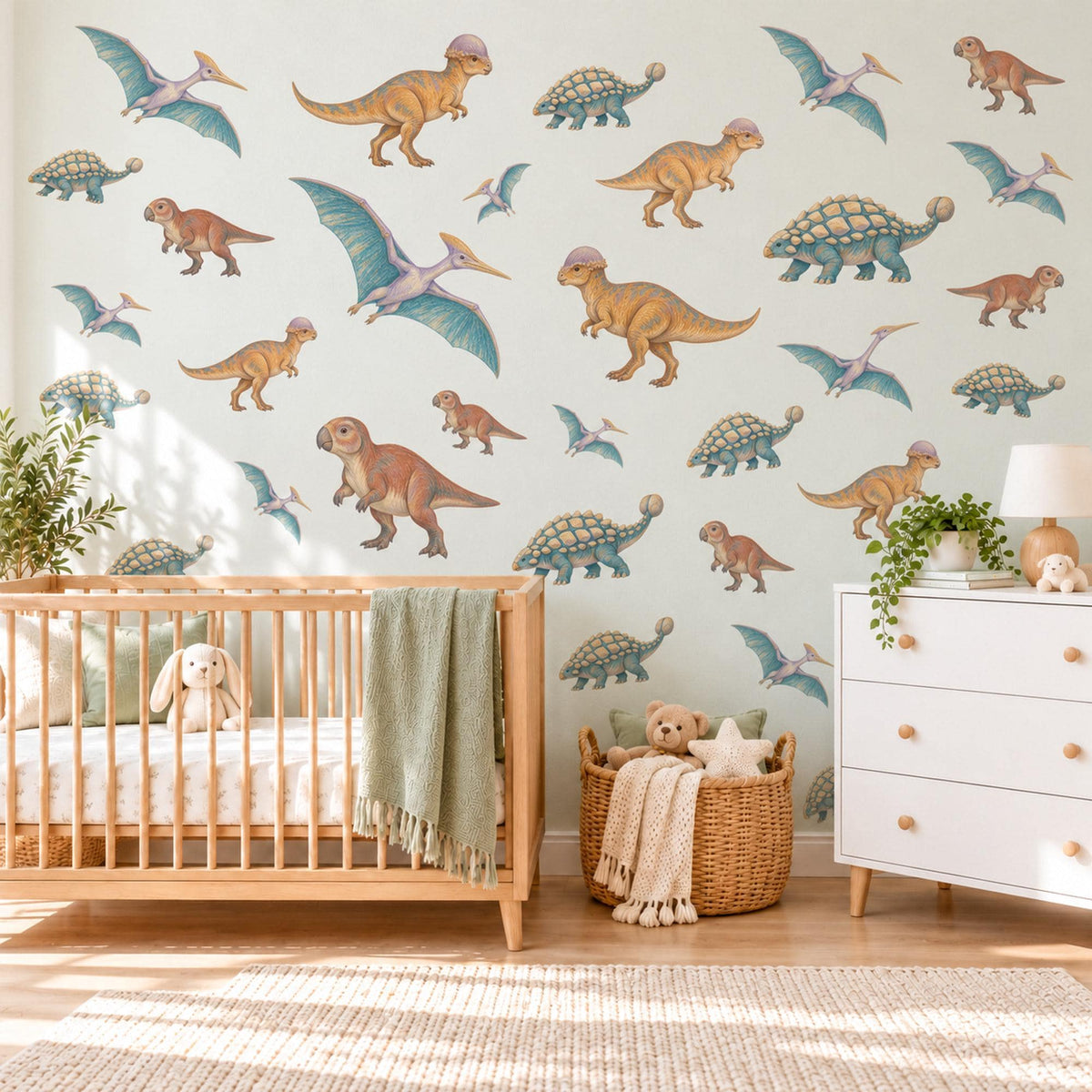 Dinosaur Wall Stickers, Teal Ochre Dino Boys Room Decor, Pterodactyl Wall Decals, Kids Bedroom Rust Green Jurassic Peel and Stick Wall Art