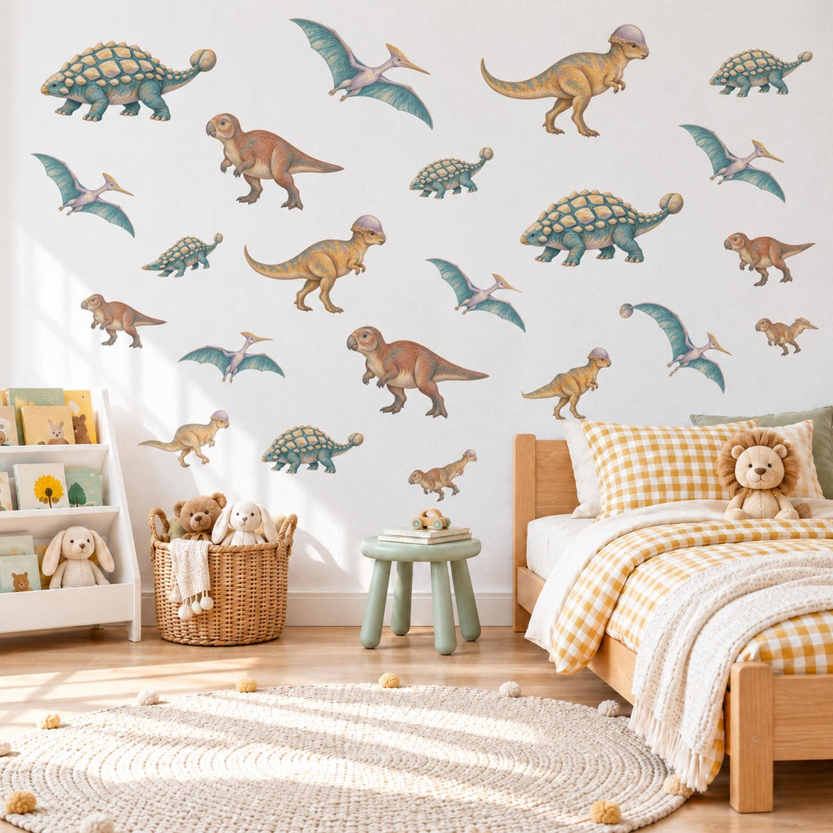 Dinosaur Wall Stickers, Teal Ochre Dino Boys Room Decor, Pterodactyl Wall Decals, Kids Bedroom Rust Green Jurassic Peel and Stick Wall Art