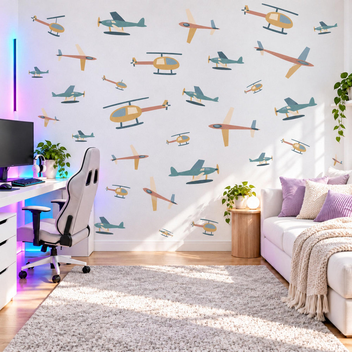 Aeroplane Wall Stickers, Helicopter Boys Room Decor, Plane Wall Decals, Kids Bedroom Teal Mustard Coral Aviation Peel and Stick Wall Art