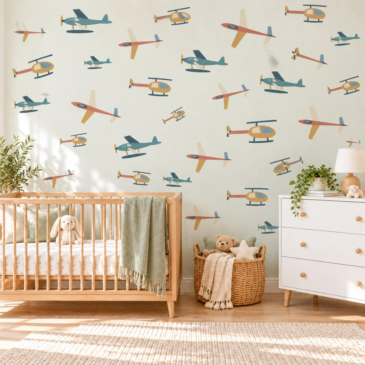 Aeroplane Wall Stickers, Helicopter Boys Room Decor, Plane Wall Decals, Kids Bedroom Teal Mustard Coral Aviation Peel and Stick Wall Art