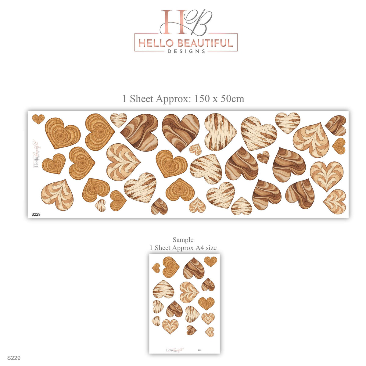 Heart Wall Stickers, Wood Grain Heart Decor, Boho Neutral Heart Wall Decals, Nursery Kids Room Caramel Brown Cream Peel and Stick Wall Art