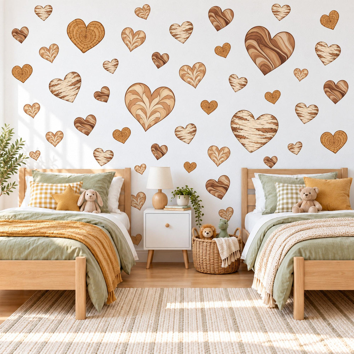 Heart Wall Stickers, Wood Grain Heart Decor, Boho Neutral Heart Wall Decals, Nursery Kids Room Caramel Brown Cream Peel and Stick Wall Art