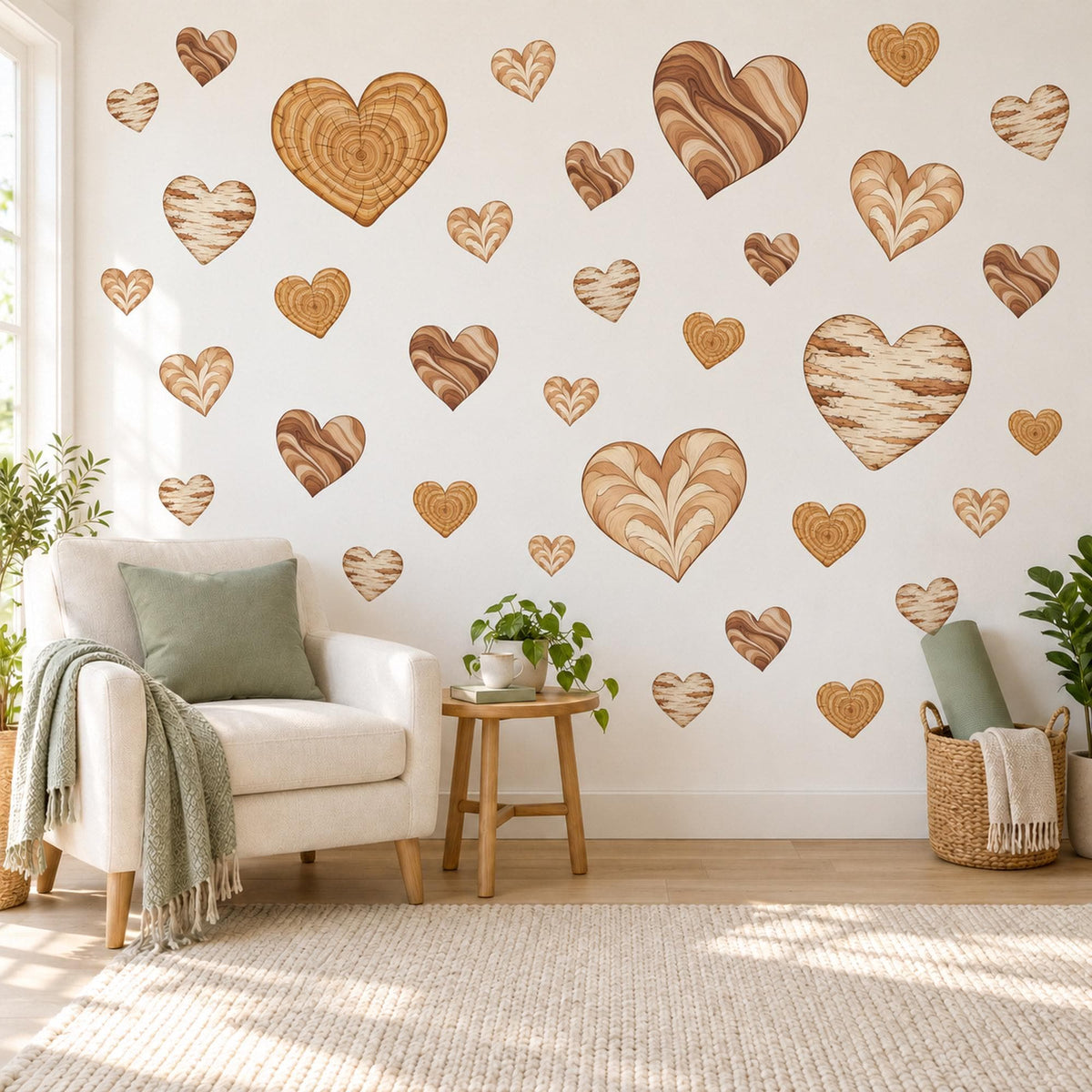 Heart Wall Stickers, Wood Grain Heart Decor, Boho Neutral Heart Wall Decals, Nursery Kids Room Caramel Brown Cream Peel and Stick Wall Art
