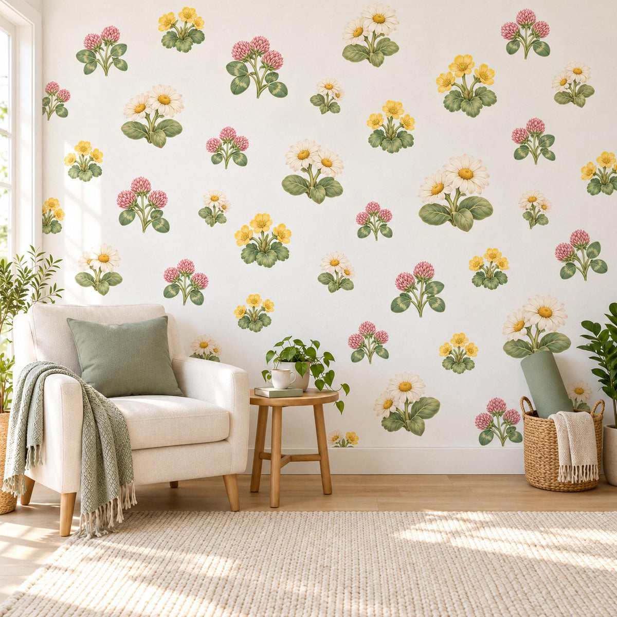 Wildflower Wall Stickers, Buttercup Clover Nursery Decor, Spring Flower Wall Decals, Girls Room Yellow Pink Green Meadow Peel and Stick Art