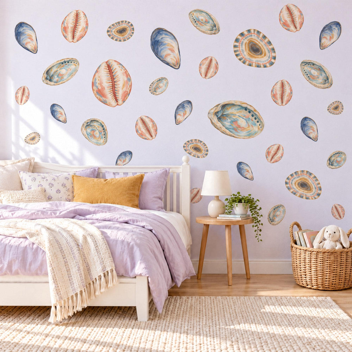 Seashell Wall Stickers, Watercolour Shell Coastal Decor, Mussel Cowrie Wall Decals, Bathroom Nursery Navy Coral Teal Peel and Stick Art