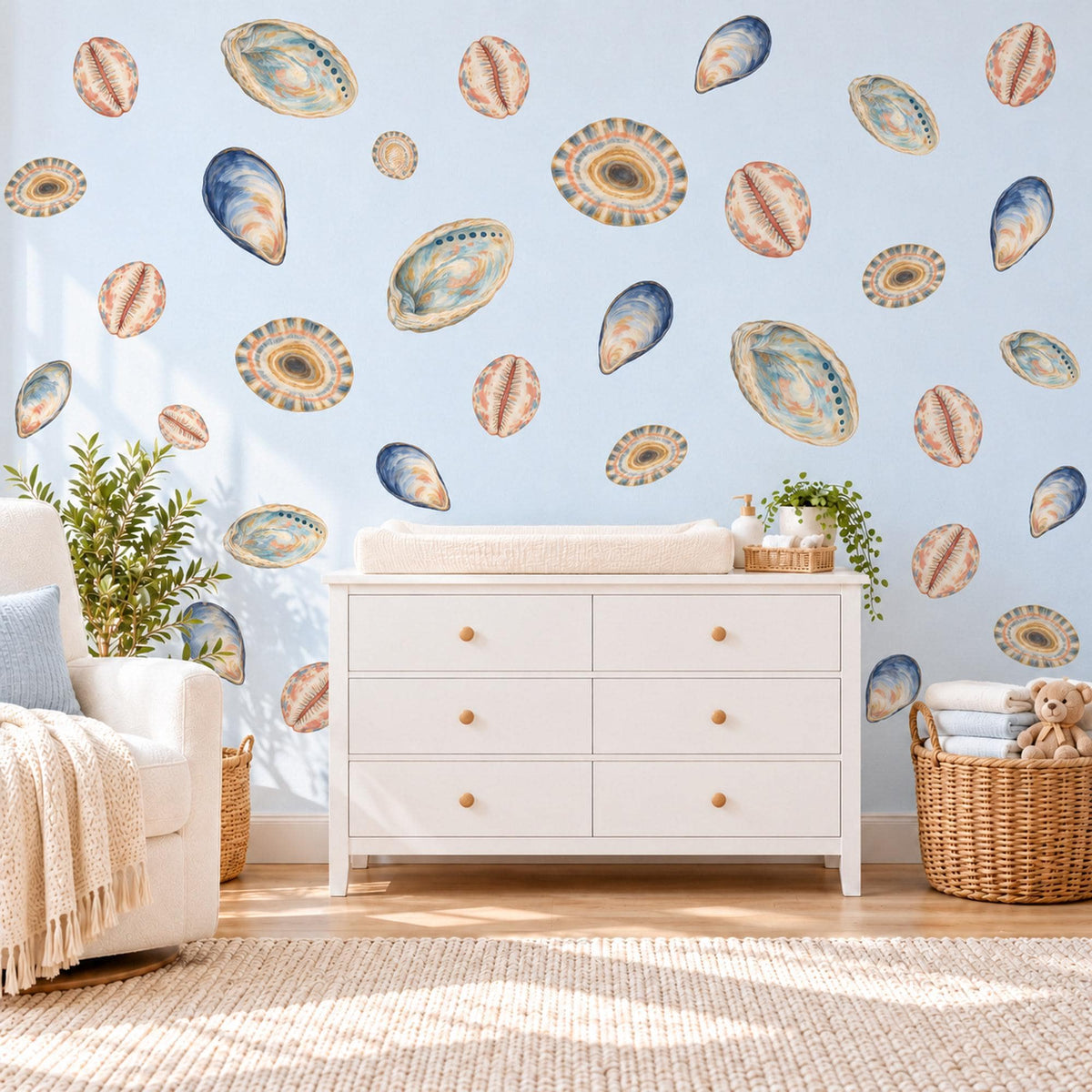 Seashell Wall Stickers, Watercolour Shell Coastal Decor, Mussel Cowrie Wall Decals, Bathroom Nursery Navy Coral Teal Peel and Stick Art