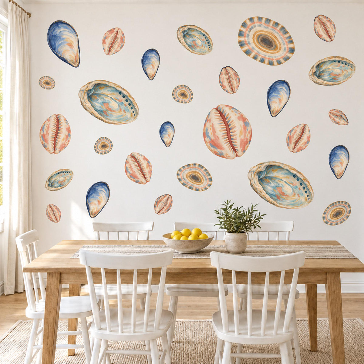 Seashell Wall Stickers, Watercolour Shell Coastal Decor, Mussel Cowrie Wall Decals, Bathroom Nursery Navy Coral Teal Peel and Stick Art