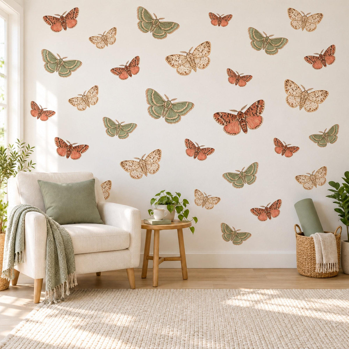 Moth Wall Stickers, Vintage Moth Botanical Decor, Butterfly Moth Wall Decals, Girls Bedroom Rust Sage Cream Nature Peel and Stick Wall Art
