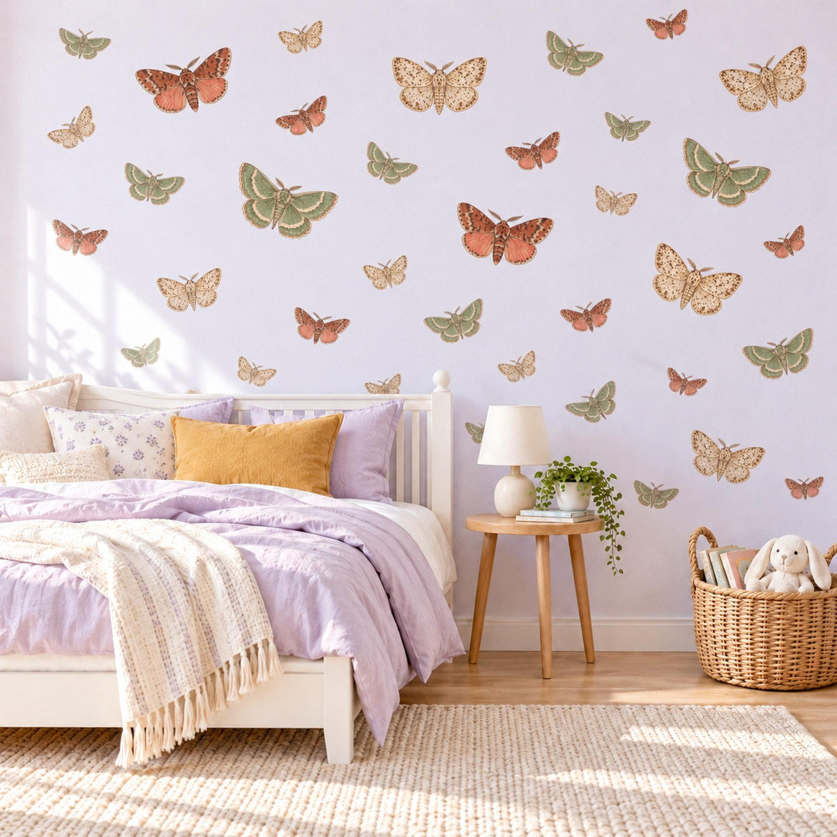 Moth Wall Stickers, Vintage Moth Botanical Decor, Butterfly Moth Wall Decals, Girls Bedroom Rust Sage Cream Nature Peel and Stick Wall Art